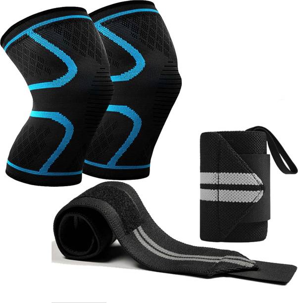 GymWar Combo Set of knee Braces Pair for Sports and Wrist Support for Fitness Knee Support