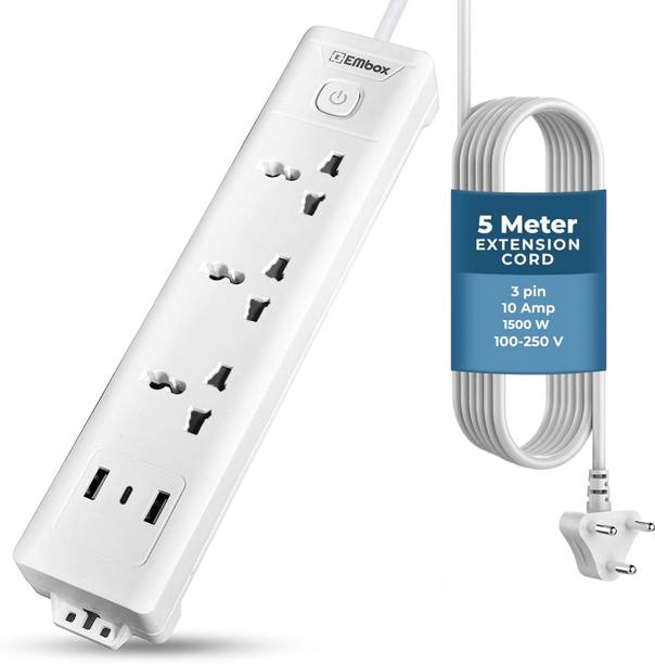 EMBox Power Extension 5 Meter Cord Multi Plug 1500W Heavy Duty With Type C USB 3  Socket Extension Boards