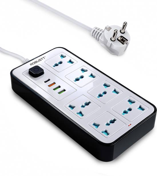 रॉबस्ट 6 Outlet Extension Board with 4 USB Ports | On/ Off Switch | 2500W Multi Plug 6 सॉकेट सर्ज रक्षक