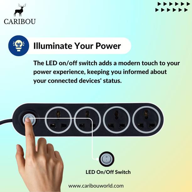 CARIBOU CBU-15 4 Way 6A Extension|2M cable |LED| Shock proof body 4  Socket Extension Boards