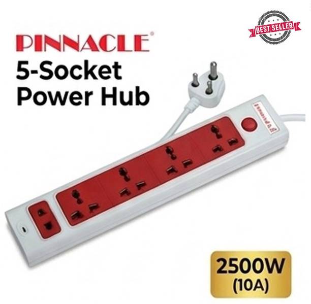PINNACLE 5 Socket, 2500W 10A, 2 Meter Heavy Duty Copper Wire Cord, Surge protector 5 Socket Extension Boards