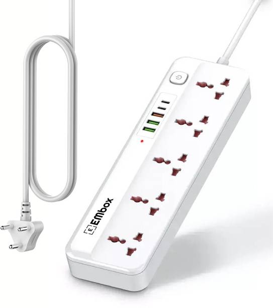 EMBox Multi-Functional Power Strip with 3 USB Ports & 2 Type-C Ports | Compact Design 5  Socket Extension Boards