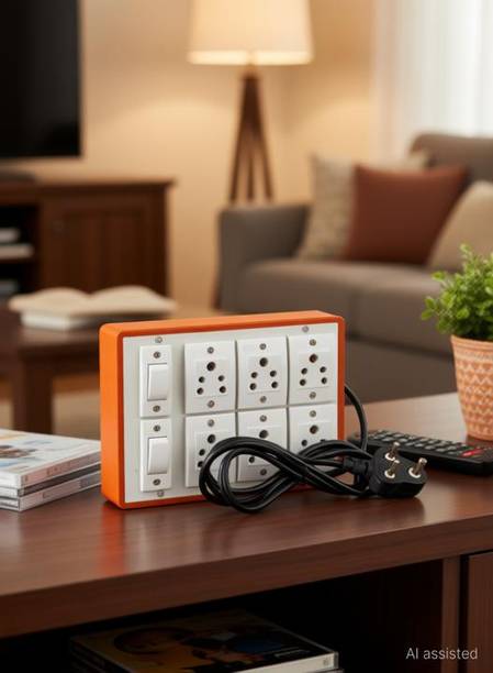 Ganpati Extension Switch Board with 6 Sockets(5A) and 2 Switches(5A)-4Mtr Long Wire(WHITE AND BROWN) 6 Socket Extension Boards