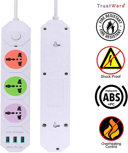 Trust Ware Extension Board with 3 USB Port | 3 Universal Sockets | Shock Proof | (3+3) 6  Socket Extension Boards