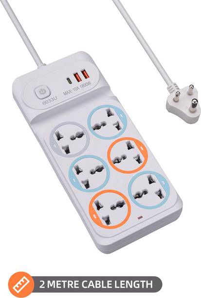 XBEY 6 Power Socket, 2 USB Ports & 1 C Type Port with Surge Protection 6  Socket Extension Boards