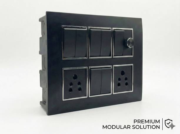 BAHUL BAHUL Black Modular Switch Board | 7 Switch, 1 Socket, 1 Regulator Surface Mount 2  Socket Extension Boards