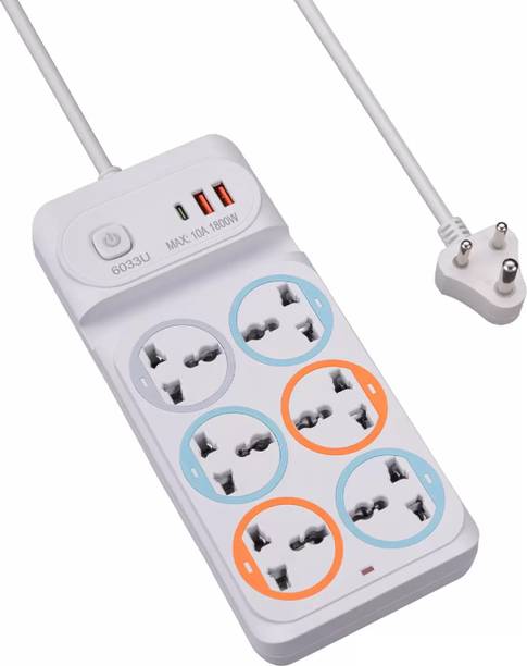 Excelanz 6 Socket Extension Board, 2 USB, 1 Type-C Port, 100% Safest Surge Protector 6  Socket Extension Boards