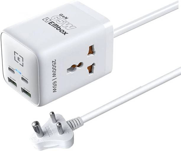 EMBox GaN Charger 6-in-1 65 watt charger adapter with 2 Type C High Speed 2  Socket Extension Boards