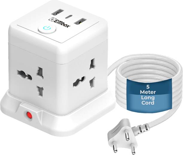 EMBox White Cube Extension Cord (4S + 2USB + 1 Type C) 4 Socket Extension Boards