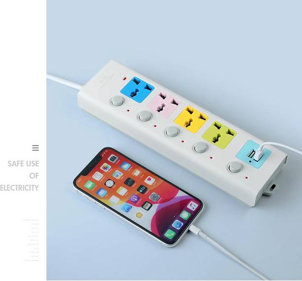 FERVIK Power Plate 2500W 2+4 Socket Extension Boards (White, 2m, 2USB Port) 4  Socket Extension Boards
