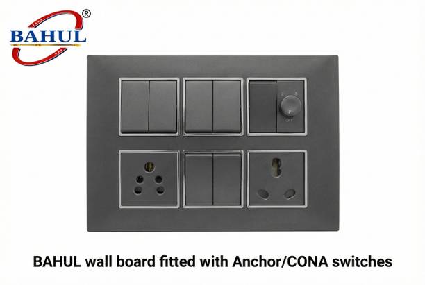 BAHUL Grey 12M Modular Board: 6 Switches, 2 Sockets & Fan Regulator Wall Plate