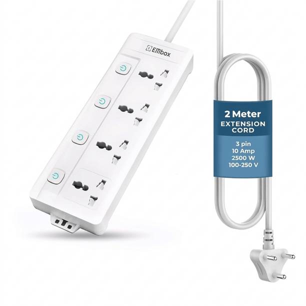 EMBox Power Extension Cord Heavy Duty Spike Guard With Individual Switches 4  Socket Extension Boards