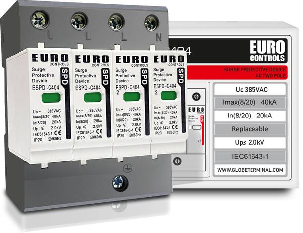 Euro Controls AC Four Pole Surge Protective Device SPD 385V , 20 to 40kA , 2 kV ,Type1+2 | 1  Socket Extension Boards