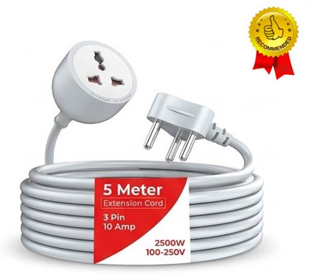 PINNACLE 5 Meter 2500W 10A Heavy Duty Copper Wire Cord, Short Circuit Surge Protector 1  Socket Extension Boards