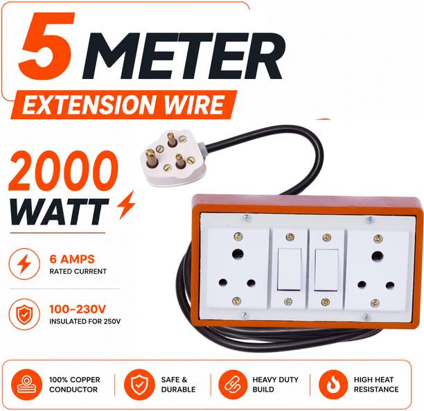 Extocord Heavy Duty Extension Board with Two Socket Two Switch 2000W 5 Meter 3 Core Cable 2  Socket Extension Boards