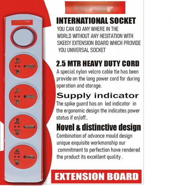 Skeisy New-401-Electronic Surge protector power up 10amp-2.5mtr wire led indicator 4  Socket Extension Boards