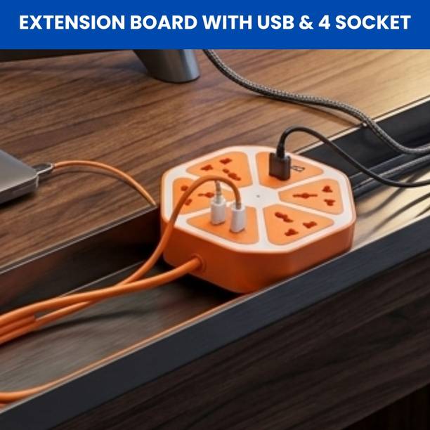 SYARA Hexagon Extension Socket With 1 Meter Cable & 4 USB Ports and 4 SocketWY39
