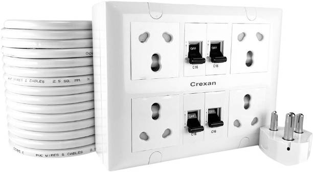 crexan 6/16A & 1500/2500W-16A Socket( Safety Shutter ) +16A MCB-4,2.5 Sq.mm 3 Core Wire 4  Socket Extension Boards