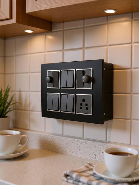 BAHUL 8 Switch Board with Dual Regulator & 5A Socket Black Wall Plate