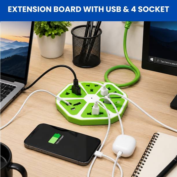 YAROH Hexagon Extension Socket With 1 Meter Cable & 4 USB Ports and 4 SocketQT286 4 Socket Extension Boards