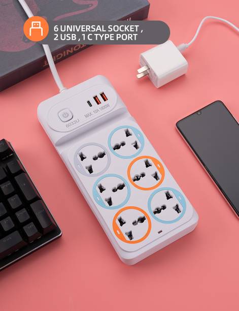 XBEY 6 Power Socket, 2 USB Ports & 1 C Type Port with Surge Protection 6  Socket Extension Boards