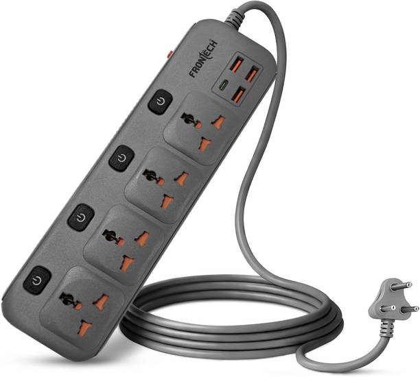 Frontech Power Extension Socket | 2500W | Universal Sockets |3 USB-A + 1 USB-C Ports | 4  Socket Extension Boards