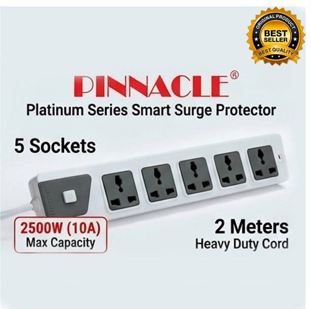 PINNACLE 5 Socket, 2500W 10A, 2 Meter Heavy Duty Copper Wire Cord, Surge protect