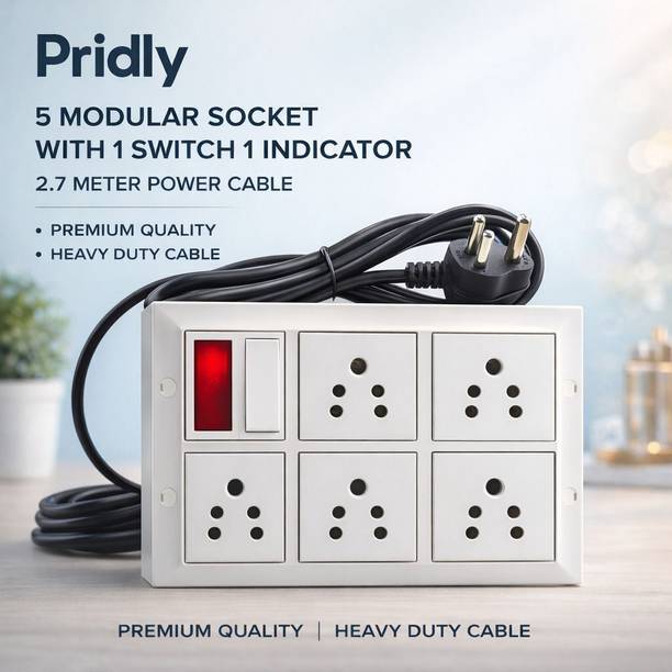 Pridly 5 Socket Modular Extension Board with Switch, Indicator & Heavy Cable (White) 5  Socket Extension Boards