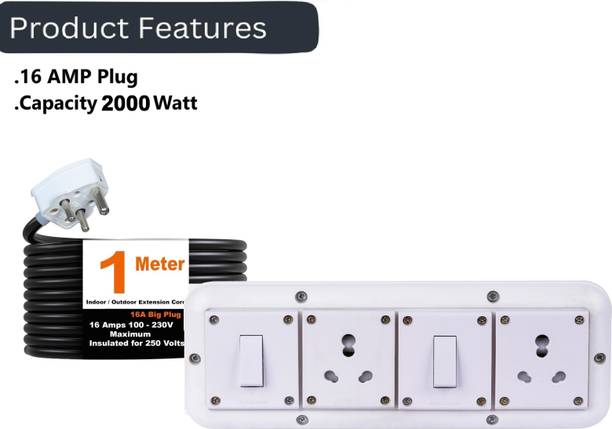 JELECTRICALS Power Extension Cord 6A/16A Universal Socket, 1mm 3-Core Heavy Duty 2  Socket Extension Boards