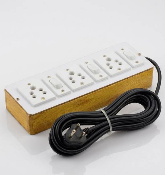 KHOPALA Wooden 3 Socket 3 Switch Extension Board (6A, Black Cord) 3  Socket Extension Boards
