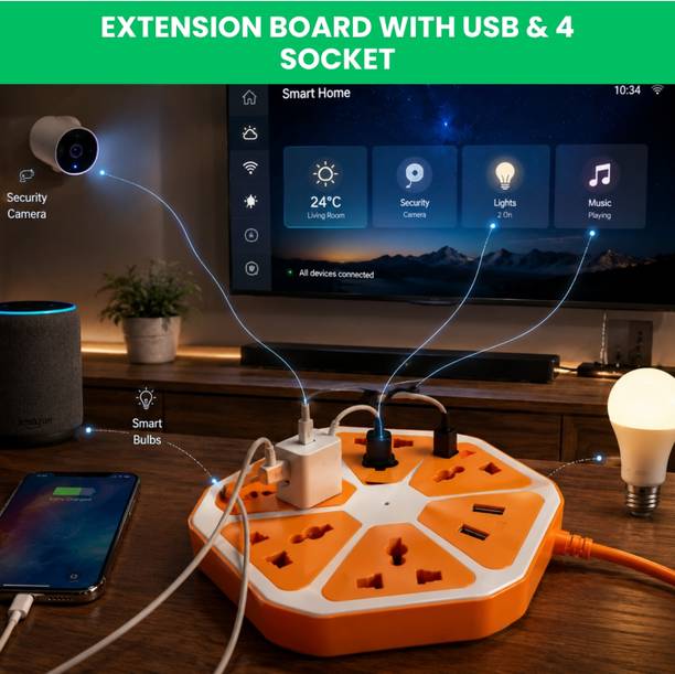GUGGU Hexagon Extension Socket With 1 Meter Cable & 4 USB Ports and 4 SocketWY317 4 Socket Extension Boards
