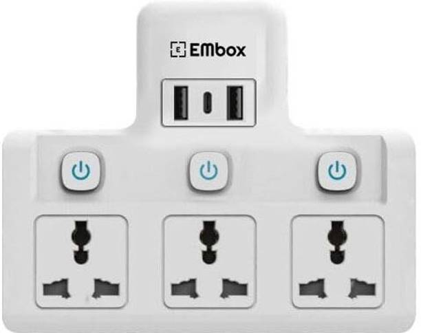 EMBox 3 Socket Universal Multi Plug Adapter with Individual Power Switches 3 Socket Extension Boards