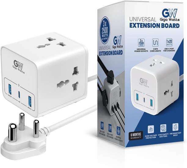 GIGAWATTS Cube Extension Board with 3 Power Sockets and 3 USB Ports 10A 250V for Office 3  Socket Extension Boards