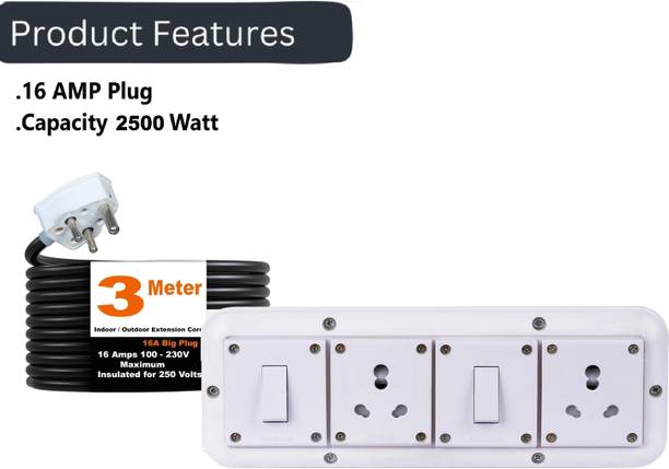 JELECTRICALS Power Extension Cord 6A/16A Universal Socket, 1.5mm 3-Core Heavy Duty 2  Socket Extension Boards