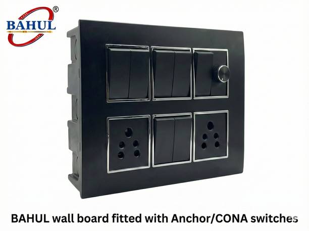 BAHUL 7 Switch Board with Regulator & 2x5A Socket Black Surface Mount Wall Plate