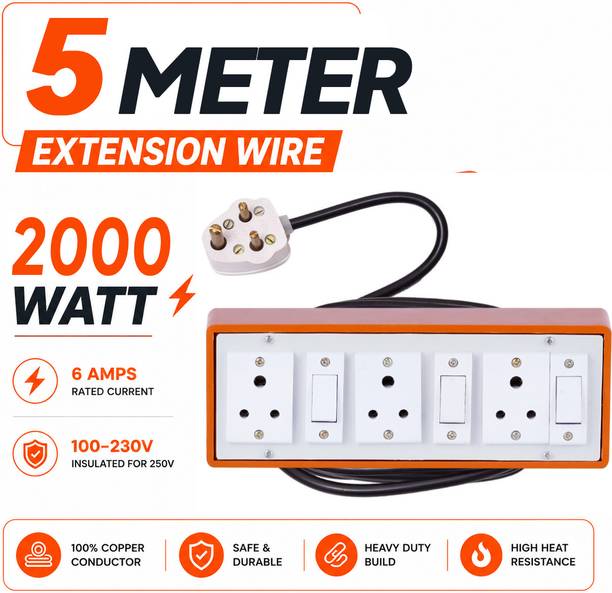 Extocord Heavy Duty Extension Board 3 Socket 3 Switch 2000W 3 Core Cable 5 Meter 3  Socket Extension Boards