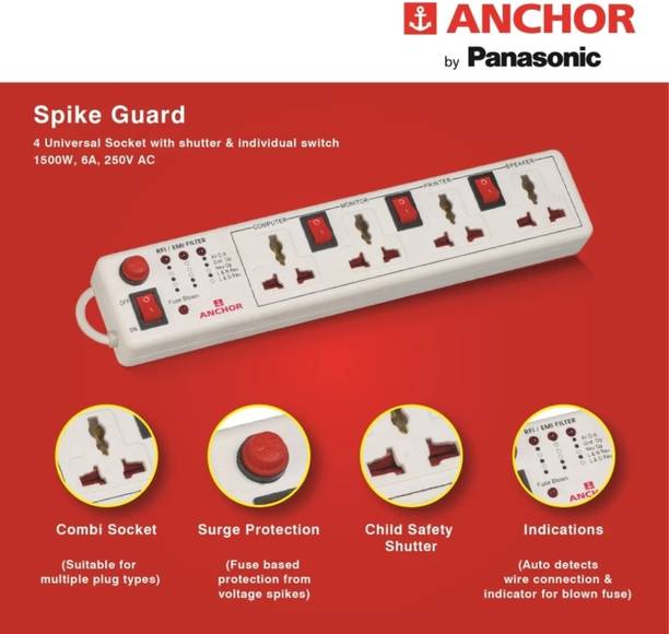 अंचोर 4 way 6A with Socket For Switch | 2 Mtr Cord for Home (22568) 4 सॉकेट सर्ज रक्षक