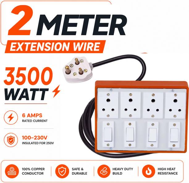 Extocord Heavy Duty Extension Board 4 Socket 4 Switch 3500W 3 Core Cable 2 Meter 4  Socket Extension Boards
