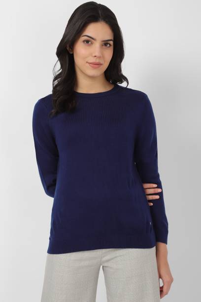 Women Solid Boat Neck Dark Blue Sweater