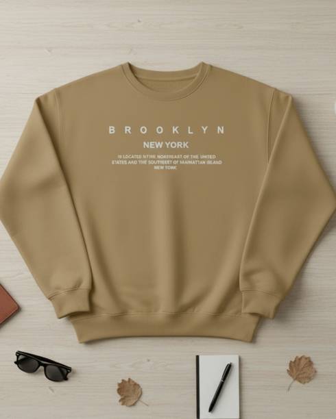 Men Printed Round Neck Brown Sweater
