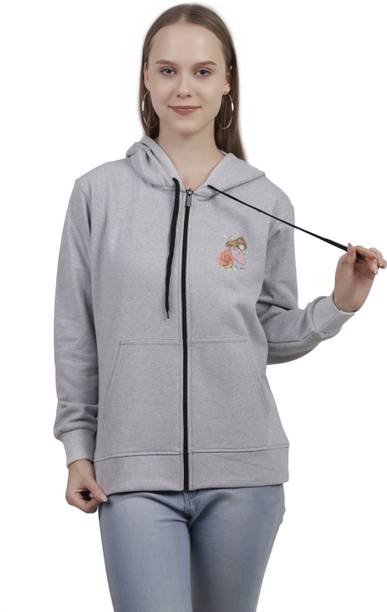 Women Printed Hooded Neck Grey Sweater