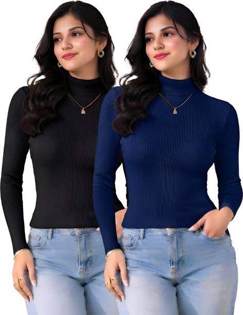 Women Solid High Neck Black, Blue Sweater