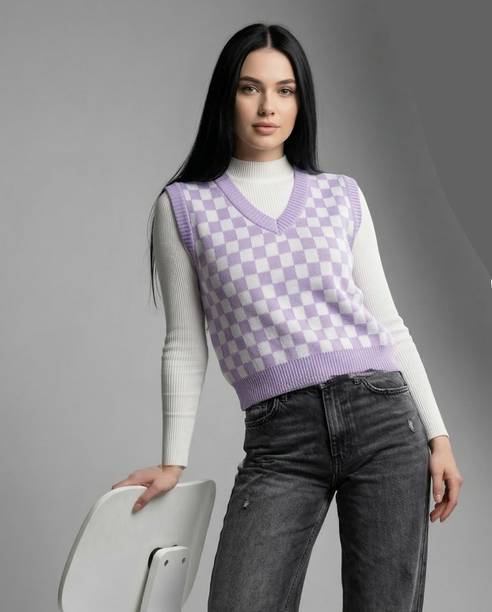Women Checkered V Neck White, Purple Sweater