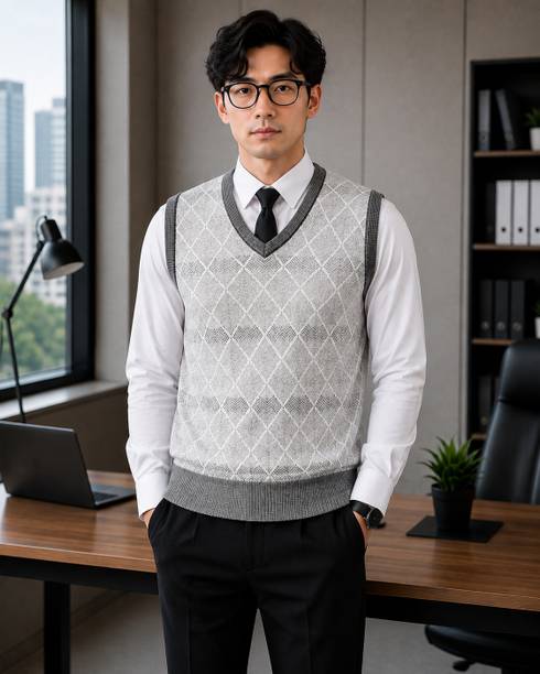 DAILYDUDE Geometric Print V Neck Formal Men Grey Sweater