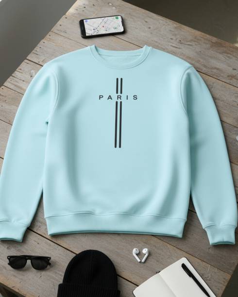 Men Printed Round Neck Light Blue Sweater