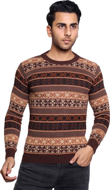 Men Geometric Print Crew Neck Multicolor, Brown Sweater