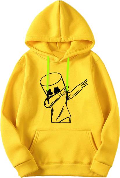 Men Printed Hooded Neck Yellow Sweater