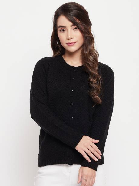 MADAME Solid Round Neck Casual Women Black Sweater