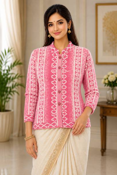 Women Printed Mandarin Neck Pink Sweater