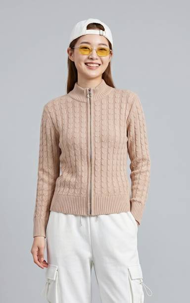 Women Self Design High Neck Beige Sweater